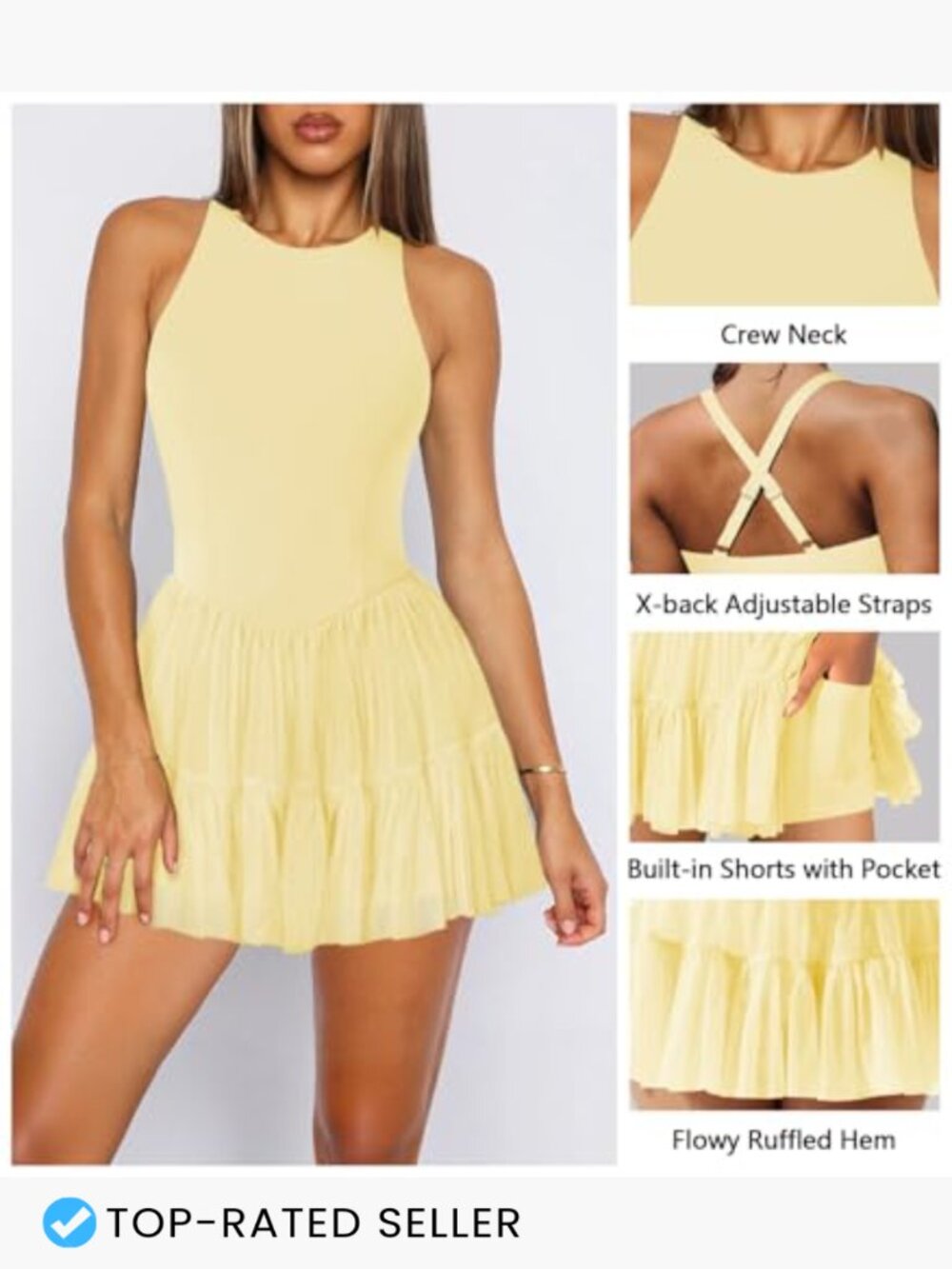 Flowy Pleated Ruffle Tennis Dress Sleeveless Mini Golf Dress with Shorts Pockets - Picture 4 of 6